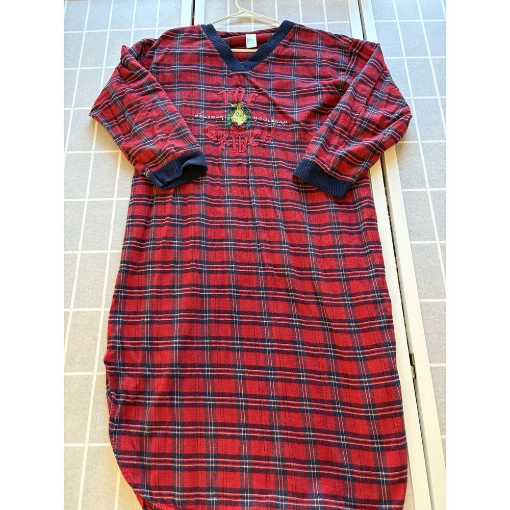 Vtg Grinch Christmas Flannel Night Gown Women Sz M Embroidery Plaid Moomoo Dress - Picture 2 of 7